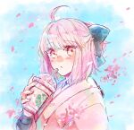  1girl ahoge bangs black_bow blue_background blush bow cup disposable_cup drinking_straw falling_petals fate/grand_order fate_(series) frappuccino hair_bow half_updo highres holding holding_cup japanese_clothes kimono looking_at_viewer masaki_(star8moon) medium_hair okita_souji_(fate) okita_souji_(koha-ace) petals pink_eyes pink_hair pink_kimono puckered_lips solo starbucks upper_body 