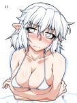  1girl bikini blush breast_lift breasts cleavage crossed_arms eyelashes full-face_blush large_breasts micro_bikini mizuhashi_parsee ootsuki_wataru partially_colored pointy_ears sketch skindentation solo swimsuit touhou underboob wavy_mouth white_bikini 