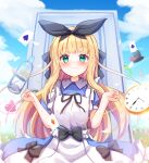  1girl ace_of_clubs ace_of_spades apron bangs baram black_bow black_hair black_headwear black_ribbon blonde_hair blue_dress blue_sky bottle bow card closed_mouth cloud club_(shape) collared_dress commentary_request door dress frilled_apron frills green_eyes hair_ribbon hands_up hat hat_removed headwear_removed heart highres looking_at_viewer mononobe_alice nijisanji outdoors playing_card pocket_watch puffy_short_sleeves puffy_sleeves ribbon roman_numeral short_sleeves sky smile solo spade_(shape) top_hat virtual_youtuber watch white_apron 