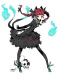  1girl :&gt; animal_ears bell blue_fire bow braid cat_ears cat_tail collar dress extra_ears fire forked_tail full_body highres hitodama kaenbyou_rin madiblitz neck_bell nekomata red_eyes red_hair ribbon skull solo tail touhou twin_braids 