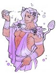  1boy :q astraea_f cropped_torso cup dark-skinned_male dark_skin dionysus_(hades) food food-themed_hair_ornament fruit grapes greek_clothes hades_(game) hair_ornament limited_palette long_hair low-tied_long_hair male_focus pectorals purple_eyes purple_hair staff tongue tongue_out 