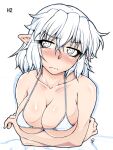  1girl bikini blush breast_lift breasts cleavage crossed_arms eyelashes full-face_blush large_breasts micro_bikini mizuhashi_parsee ootsuki_wataru partially_colored pointy_ears sketch skindentation solo swimsuit touhou underboob wavy_mouth white_bikini 