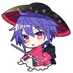  1girl :o black_headwear bowl bowl_hat chibi floral_print full_body hat highres holding holding_needle japanese_clothes kimono looking_at_viewer needle open_mouth purple_hair red_eyes red_kimono sample_watermark short_hair simple_background solo sukuna_shinmyoumaru touhou white_background yoriteruru 