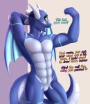  abs anthro blue_dragon booponies dragon flexing hi_res horn kai_(booponies) male muscular pose solo standing text wings 