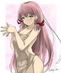  1girl akashi_(kancolle) apron blunt_tresses breasts cowboy_shot gakky green_eyes hair_ribbon kantai_collection long_hair looking_at_viewer medium_breasts naked_apron one-hour_drawing_challenge own_hands_together pink_hair ribbon simple_background solo tress_ribbon two-tone_background 