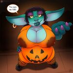  belly big_belly big_breasts breasts cherry_bakewell(drxii) clothed clothing dark_sclera digital_media_(artwork) drxii ear_piercing ear_ring english_text eyelashes eyeshadow facial_piercing female goblin green_body green_skin hair halloween hi_res holidays huge_breasts humanoid humanoid_pointy_ears jack-o&#039;-lantern lips looking_at_viewer makeup nipple_outline nose_piercing nose_ring not_furry painted_claws piercing pregnant purple_eyeshadow ring_piercing short_stack simple_background smile solo text thick_lips topwear wet wet_clothing wet_topwear yellow_eyes 