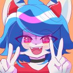  absurd_res anthro chocomint_texa choker clothing cross domestic_cat double_v_sign felid feline felis gesture happy hi_res horn icon inverted_cross jewelry kemono male mammal multicolored_eyes necklace open_mouth red_clothing shaded sharp_teeth solo teeth texa v_sign 
