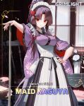  1girl apron bangs blush breasts brown_hair butterfly_hair_ornament grimlight hair_ornament hand_on_hip high_ponytail japanese_clothes kaguya_(grimlight) kimono large_breasts long_hair maid maid_headdress official_art parted_bangs red_eyes sidelocks solo wa_maid white_apron 