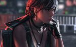  1girl bare_shoulders black_choker black_eyes black_gloves black_hair black_jacket blurry blurry_background choker closed_mouth collarbone commentary depth_of_field gloves guweiz hand_up highres jacket jacket_on_shoulders looking_away original solo symbol-only_commentary upper_body 