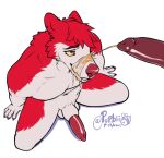  anthro anthro_on_anthro balls bodily_fluids canid duo erection fur genital_fluids genitals glistening glistening_eyes hair high-angle_view kneeling looking_up male male/male mammal messy_hair nude peeing peeing_on_face penis pupbii red_body red_eyes red_fur red_hair red_penis short_hair signature simple_background smile solo_focus urine urine_on_face watersports white_background white_balls white_body white_fur white_sheath yellow_sclera 