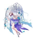  1girl barefoot blue_flower breasts brown_hair cage chain cleavage dress flower full_body highres long_hair medium_breasts mt_(ringofive) original parted_lips petals purple_eyes short_sleeves thorns white_background white_dress white_wings wings 
