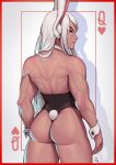  1girl absurdres animal_ears ass black_leotard boku_no_hero_academia border card closed_mouth cowboy_shot from_behind highleg highleg_leotard highres leotard long_hair looking_at_viewer mirko muscular muscular_female playing_card profile rabbit_ears rabbit_tail red_border red_eyes sideways_glance signature smile solo speedl00ver standing tail white_hair wrist_cuffs 
