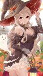  1girl alternate_costume bangs black_dress black_headwear breasts cleavage closed_mouth commentary_request corrin_(fire_emblem) corrin_(fire_emblem)_(female) detached_sleeves dress fire_emblem fire_emblem_fates frilled_dress frills ghost grey_hair hair_between_eyes halloween halloween_costume hand_on_headwear haru_(nakajou-28) hat highres holding jack-o&#039;-lantern long_hair looking_at_viewer medium_breasts pointy_ears pumpkin red_eyes smile solo wavy_hair witch_hat 