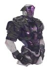  1boy absurdres beret black_gloves black_headwear black_jacket body_armor chinese_commentary cropped_legs decepticon gloves grey_pants hands_on_hips hat highres humanization jacket looking_at_viewer male_focus mask metal_gloves pants purple_shirt red_eyes shirt solo tarn the_transformers_(idw) transformers vetania white_background 