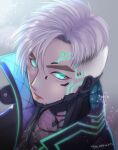  1boy animification apex_legends aqua_eyes black_jacket collarbone crypto_(apex_legends) cyborg expressionless from_above glowing glowing_eyes grey_background grey_hair jacket jewelry looking_up m_tamamori male_focus necklace parted_hair solo undercut 