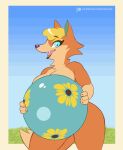  2022 animal_crossing animated anthro audie_(animal_crossing) ball beach_ball blonde_hair blue_eyes breasts canid canine female fur goolee hair inflatable mammal nintendo open_mouth solo text video_games 