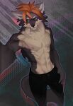  2015 abs abstract_background anthro biceps black_nose bottomwear brown_hair canid canine canis cheek_tuft clothed clothing facial_tuft front_view hair hand_on_hip high-angle_view kiske_7key looking_aside male mammal mature_male muscular muscular_male navel neck_tuft nipples outline pants pecs portrait selfie solo standing teal_eyes three-quarter_portrait topless tuft wolf 