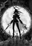  1girl baloolax bangs bow breasts dual_wielding gears greyscale high_heels highres holding hololive hololive_english lace large_breasts monochrome no_pupils ouro_kronii portal_(object) twitter_username virtual_youtuber 