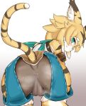  absurd_res anthro anus blush breasts butt clothed clothing felid female fur genitals green_eyes hair hi_nan_you hi_res looking_at_viewer mammal mia_(world_flipper) pantherine pussy solo stripes tiger world_flipper yellow_body yellow_fur 