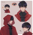  1boy artist_name black_hair black_shirt blush border bug butterfly chibi cloak closed_eyes closed_mouth dok-ja_kim english_commentary english_text frown grey_eyes hair_between_eyes hair_over_eyes highres hood hood_down hood_up hooded_cloak is_this_a_pigeon_(meme) long_sleeves looking_at_viewer male_focus meme mixed-language_commentary multiple_views omniscient_reader&#039;s_viewpoint open_mouth pink_background red_cloak shirt short_hair simple_background smile straight-on upper_body vietnamese_commentary white_border yellow_butterfly yuugji 