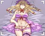  1girl armpits bed bed_sheet blonde_hair bow bra breasts camera cleavage hair_bow hat highres large_breasts lingerie long_hair looking_at_viewer lying navel on_back panties pillow pubic_tattoo purple_eyes red_bow smile solo stomach tattoo thighs thong touhou underwear viewfinder yakumo_yukari yuki15775 