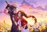  1boy 1girl :d aerith_gainsborough arm_around_waist belt blue_eyes bow bracelet breasts brown_gloves brown_hair cleavage dress field final_fantasy final_fantasy_vii flower flower_field gloves hair_bow hetero highres holding holding_flower holding_sword holding_weapon jacket jewelry mt_(ringofive) outdoors petals pink_ribbon red_jacket ribbon short_sleeves smile sword twilight weapon white_dress zack_fair 