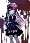 1girl alina_gray ayumaru_(art_of_life) bangs black_bow black_headwear black_necktie black_thighhighs black_vest blood blood_on_face blood_splatter blunt_ends bow brooch chain collar cross_tie detached_collar fishnet_thighhighs fishnets fur-trimmed_thighhighs fur_cuffs fur_trim garter_straps hair_between_eyes hat highres jewelry lapels long_hair magia_record:_mahou_shoujo_madoka_magica_gaiden magical_girl mahou_shoujo_madoka_magica miniskirt multicolored_hair necktie notched_lapels peaked_cap pleated_skirt puffy_short_sleeves puffy_sleeves see-through see-through_sleeves short_sleeves sidelocks skirt sleeve_cuffs solo straight_hair streaked_hair striped striped_skirt thighhighs v-neck vertical-striped_skirt vertical_stripes very_long_hair vest waist_bow white_collar white_sleeves 