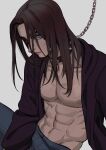  1boy absurdres bangs blue_eyes blue_pants brown_hair chain choker closed_mouth collarbone commentary eren_yeager expressionless fridaynightcat grey_background highres hooded_coat long_hair long_sleeves looking_at_viewer male_focus muscular muscular_male nipples pants pectorals shingeki_no_kyojin simple_background solo spiked_choker spikes symbol-only_commentary topless_male 