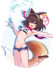  1girl animal_ears bare_shoulders bikini blue_archive blue_shorts breasts cutoffs denim denim_shorts fang fox_ears fox_girl fox_tail halo halterneck happy highleg highleg_bikini highres izuna_(blue_archive) izuna_(swimsuit)_(blue_archive) jumping kiomota looking_at_viewer medium_breasts micro_shorts navel open_mouth scrunchie short_hair short_shorts shorts smile solo strap_gap string_bikini striped striped_bikini swimsuit tail visor_cap 