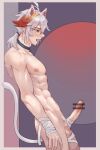  1boy abs absurdres animal_ears bandages cat_boy cat_ears cat_tail collar erection genshin_impact hair_between_eyes highres kaedehara_kazuha large_penis low_ponytail male_focus muscular muscular_male nipples open_mouth penis ponytail pubic_hair red_eyes short_hair tail testicles user_vvfe4558 white_hair white_pubic_hair 