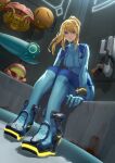  1girl absurdres bangs bennopi blonde_hair blue_bodysuit blue_eyes bodysuit breasts closed_mouth expressionless full_body high_heels highres leaning_forward long_hair looking_at_viewer medium_breasts metroid metroid_prime mixed-language_commentary mole mole_under_mouth ponytail samus_aran sitting skin_tight solo super_smash_bros. varia_suit zero_suit 