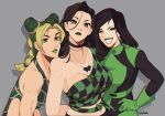  3girls bare_shoulders black_hair black_lips blonde_hair butterfly_necklace grin jojo_no_kimyou_na_bouken kim_possible kujo_jolyne lipstick long_hair looking_at_viewer makeup multicolored_hair multiple_girls shego smile tipsytrains two-tone_hair uniform 