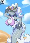  anthro beach big_breasts bikini blue_body blue_clothing blue_eyes blue_fur breasts butt cleavage clothed clothing cloud eyelashes eyewear female fur gamesfan generation_4_pokemon glasses gloves_(marking) grey_body grey_fur hair hi_res lucario markings multi_tail multicolored_body multicolored_fur nintendo outside pink_clothing pokemon pokemon_(species) seaside signature solo spikes spikes_(anatomy) swimwear thick_thighs translucent translucent_clothing two_tone_body two_tone_fur video_games white_body white_clothing white_fur white_hair white_tail 