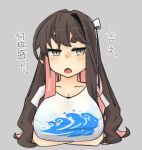  1girl breasts brown_hair cleavage crossed_arms grey_background kantai_collection large_breasts long_hair looking_at_viewer macbail multicolored_hair naganami_(kancolle) open_mouth pink_hair shirt short_sleeves solo thick_eyebrows translation_request white_shirt yellow_eyes 