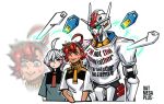  2girls absurdres black_hairband blue_eyes clothed_robot dark-skinned_female dark_skin english_text funnels_(gundam) green_eyes green_jacket grey_eyes grey_hair gundam gundam_aerial gundam_suisei_no_majo hair_behind_ear hair_between_eyes hairband highres holding_another&#039;s_arm jacket long_hair mecha meme_attire miorine_rembran mobile_suit multiple_girls oatmegaplus pout projected_inset red_hair robot science_fiction shirt short_hair suletta_mercury tearing_up v-fin white_background white_jacket white_shirt 