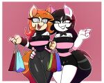  anthro bag black_hair bottomwear bow_ribbon clothed clothing duo equid equine female hair hand_on_hip holding_object horse hotpants long_hair mammal nelljoestar orange_hair pants pony pupils scarf shorts smile spiral_eyes unusual_pupils 