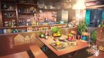  bottle ceiling_light chair coffee_maker_(object) cup dining_room flower food fruit highres indoors kitchen night no_humans original plant potted_plant refrigerator scenery shelf table toaster umbrella utensil window xingzhi_lv 