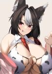  1girl animal_ear_fluff animal_print black_hair breasts cleavage closed_mouth commission cow_print detached_collar ganesagi huge_breasts looking_at_viewer multicolored_hair necktie o-ring original red_eyes red_necktie simple_background skeb_commission solo streaked_hair tongue tongue_out upper_body white_background white_hair 
