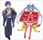  +_+ 1boy 1girl :d bangs black_jacket black_kimono blue_eyes blue_hair boots brown_footwear closed_mouth epaulettes fake_facial_hair fake_mustache fang hair_between_eyes hakusai_(tiahszld) hatsune_miku jacket japanese_clothes kaito_(vocaloid) kimono long_hair long_sleeves looking_at_viewer obi open_clothes open_jacket pinching_sleeves pink_footwear purple_hair sash shoes simple_background sleeves_past_wrists smile standing star_(symbol) striped striped_kimono thigh_boots two_side_up vertical-striped_kimono vertical_stripes very_long_hair vocaloid white_background wide_sleeves 