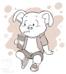  anthro beverage bottomwear clothed clothing corgi_(artist) domestic_pig dragon_ball drinking footwear male mammal oolong_(dragon_ball) open_clothing open_shirt open_topwear shirt shoes shorts slightly_chubby sneakers soda soda_cup solo suid suina sus_(pig) topwear 