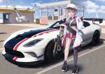 1girl ar-57_(girls&#039;_frontline) assault_rifle bird boat breasts car dancing_wolf dodge dodge_viper girls&#039;_frontline ground_vehicle gun hat highres motor_vehicle parking_lot rifle sailboat seagull solo spoiler_(automobile) sports_car vehicle_focus watercraft weapon 
