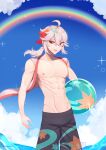  1boy abs absurdres ball beachball black_pants genshin_impact highres kaedehara_kazuha male_swimwear muscular muscular_male navel nipples open_mouth pants red_eyes red_hair saemidesunya short_hair swim_trunks white_hair 