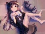 1girl 1other animal_ears arms_up bangs barefoot black_cat black_dress black_hair blunt_bangs brown_eyes cat cat_ears cat_girl cat_tail clenched_hands dress feet kawaseki legs long_hair lying on_back original paw_pose soles tail thighs toes 