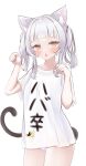  1girl animal_ear_fluff animal_ears bangs blunt_bangs blush cat_ears cat_tail clothes_writing cocozasa collarbone highres hololive looking_at_viewer murasaki_shion open_mouth paw_pose shirt short_hair simple_background solo t-shirt tail thighs translated twintails virtual_youtuber white_background white_hair white_shirt yellow_eyes 