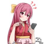  1girl ? ?? bow breasts cellphone hair_between_eyes hair_bow hakama holding holding_phone japanese_clothes kamikaze_(kancolle) kantai_collection kimono long_hair meiji_schoolgirl_uniform no._vii phone pink_hakama purple_eyes purple_hair red_kimono small_breasts smartphone solo sweatdrop upper_body white_background yellow_bow 