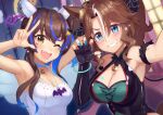  2girls ;d angel_wings arm_up bangs bat_(animal) black_gloves black_horns black_shirt blue_choker blue_eyes blue_hair blurry blurry_background bracelet breasts brown_eyes brown_hair choker claw_pose cleavage cleavage_cutout clothing_cutout commentary_request daitaku_helios_(sunshine_angel)_(umamusume) daitaku_helios_(umamusume) days_in_a_flash_(umamusume) demon_horns depth_of_field dress ear_covers ear_ornament english_commentary eye_glitter fake_wings fang fingerless_gloves gloves grin halloween halloween_costume halterneck highres horns horse_girl inomata_konomu jewelry large_breasts medium_hair mejiro_palmer_(devil_in_the_moonlight)_(umamusume) mejiro_palmer_(umamusume) multicolored_hair multiple_girls necklace official_alternate_costume one_eye_closed partial_commentary pose selfie sharp_teeth shirt sleeveless sleeveless_dress smile sparkle streaked_hair teeth two-tone_hair umamusume w white_dress white_hair wings 