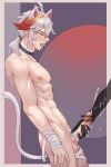  1boy 1other abs absurdres animal_ears bandages cat_boy cat_ears cat_tail closed_eyes collar erection genshin_impact hair_between_eyes highres kaedehara_kazuha large_penis low_ponytail male_focus male_masturbation masturbation muscular muscular_male nipples open_mouth penis ponytail pubic_hair short_hair tail testicles user_vvfe4558 white_hair white_pubic_hair 