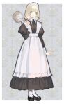  1girl :o absurdres apron arm_at_side bangs black_dress black_footwear blonde_hair border collared_dress dress earrings frilled_apron frilled_dress frills full_body grey_eyes highres holding jewelry juliet_sleeves long_dress long_sleeves maid maid_apron maid_headdress mallllma medium_hair original parted_lips puffy_sleeves shoes socks standing stud_earrings victorian_maid white_apron white_border white_socks 