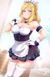  1girl :3 alternate_costume apron arm_garter black_bow black_bowtie blonde_hair bow bowtie breasts closed_mouth detached_collar enmaided garter_straps gloves hand_on_hip highres large_breasts love_live! love_live!_sunshine!! maid maid_apron maid_headdress medium_hair ohara_mari one_side_up solo thighhighs thighs tsumikiy wavy_hair white_garter_straps white_gloves white_thighhighs yellow_eyes zettai_ryouiki 