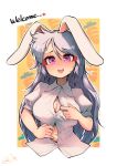  1girl animal_ears blouse breasts buttons carte heart heart-shaped_pupils highres jacket large_breasts light_purple_hair pleated_skirt rabbit_ears rabbit_girl red_eyes reisen_udongein_inaba shirt skirt solo symbol-shaped_pupils touhou white_background white_shirt 